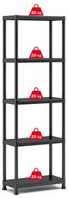 Plastový regál, 5 políc, 174x60x30 cm, čierna farba