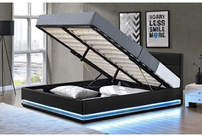 Kondela Manželská posteľ s bielym osvetlením, čierna, 160x200, BIRGET NEW