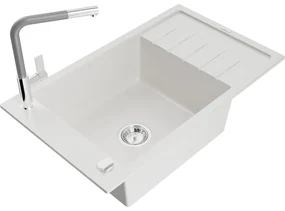 Mexen Elias, 1-komorový granitový drez 795x480x200 mm a drezová batéria Flora, biela, 6511-20-670401-06