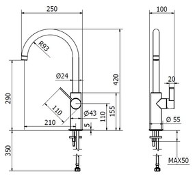 Vima Drezový set Teorema 3/A - Granitový drez 960x480x183 mm 1,5-sektora s odkvapkávacou plochou, piesková + Drezová batéria Teorema