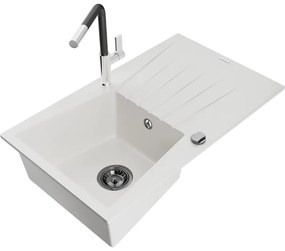 Mexen Cesar, 1-komorový granitový drez 775x470x190 mm a drezová batéria Flora, biela, 6514-20-670401-07-B