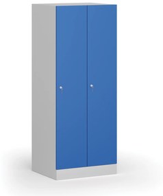 Šatníková skrinka znížená, 2 oddiely, 1500 x 600 x 500 mm, cylindrický zámok, modré dvere