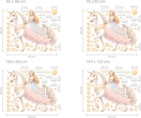 Princezná na bielom jednorožcovi textilné preliepateľné nálepky na stenu hárok 46 x 38 cm