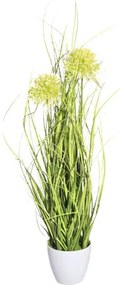 Umelá tráva s okrasným cesnakom zelená cca 50 cm v bielom melamínovom kvetináči 9 x 8 cm