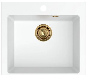 Sink Quality Ferrum 50, kuchynský granitový drez 490x450x195 mm + zlatý sifón, biela, SKQ-FER.W.1K50.XG