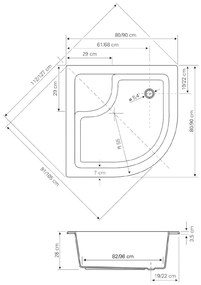 Aqualine, Sprchová vanička akrylátová,štvrťkruh 80x80x28cm vrátane nožičiek, R550, C83