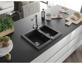 Mexen Carlos, 1,5-komorový granitový drez 582x475x177 mm a drezová batéria Duero, čierna-strieborná metalíza, 6518-73-671600-00