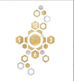 3D nalepovacie hodiny Hexagon zlato-zrkadlové