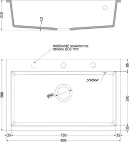Mexen Elix žulový drez 1-komorový 800 x 500 mm, čierny, sifón chróm - 6527801005-77