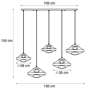Hotelová elegantná závesná lampa mosadzná s jantárovým sklom 5-svetiel - Gus