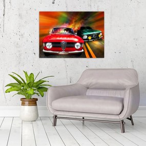 Sklenený obraz - Retro závodné autá (70x50 cm)