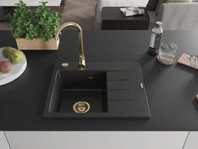 Mexen Ben, 1-komorový granitový drez 600x500x190 mm, ľavý + zlatý sifón, čierna-strieborná metalíza, 6522605000-73-G