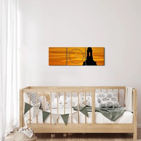 Obraz kostola pri západe slnka (s hodinami) (90x30 cm)