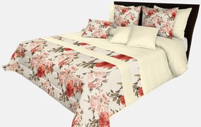 Prešívaný prehoz na posteľ v krémovej farbe s dokonalou potlačou červených ruži