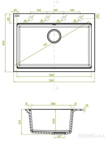Laveo Tau, 1-komorový granitový drez 700x500x215 mm, béžová, LAV-SBT_4107