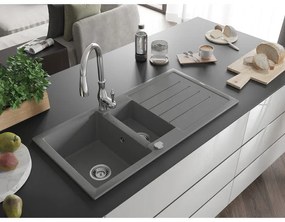 Mexen Andres, 1,5-komorový granitový drez 1000x500x200 mm a drezová batéria Savita, šedá, 6515-71-672601-00