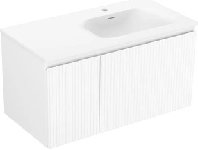 Mexen Rivel, kúpeľňová skrinka 90 cm s pravým umývadlom Vela, 1S, 1D, s drážkami, biela matná, 91A23-09047-3-BBFF01-W23P01