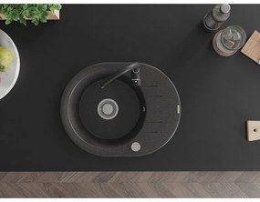 Mexen Kevin, drez granitový 586x458x190 mm, 1-komorový a čierna matná batéria Telma, čierna škvrnitá, 6517-76-670200-70