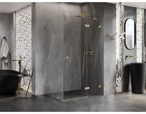 Mexen Lunar, pravostranný výklopný sprchový kút 75 x 90 cm, 8mm číre sklo, zlatý matný profil, 834-075-090-55-00-P