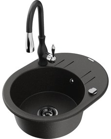 Mexen Kevin, granitový drez 586x458x190 mm, 1-komorový a drezová batéria Savita, čierna-zlatá metalíza, 6517-75-672601-70-B