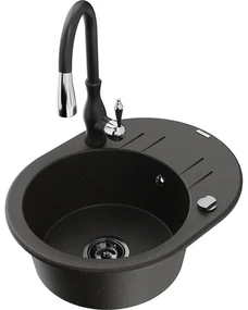 Mexen Kevin, granitový drez 586x458x190 mm, 1-komorový a drezová batéria Savita, čierna-zlatá metalíza, 6517-75-672601-70-B