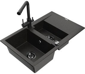 Mexen Gaspar, granitový drez 737x475x177 mm, 1,5-komorový, čierna batéria Duero, čierna-zlatá metalíza, 6507-75-671600-70-B