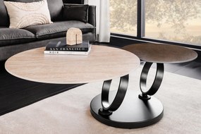 Konferenčný stolík DANCING RINGS 80-135 cm otočný keramický vrch s prírodným travertínom a hrdzavým vzhľadom