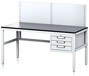 Nastaviteľný dielenský stôl MECHANIC II s perfopanelom, 3 zásuvkový box na náradie, 1600x700x745-985 mm, sivá/sivá