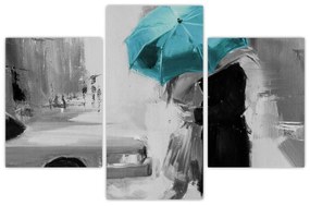 Obraz - Zamilovaný pár s dáždnikom, modrý (90x60 cm)