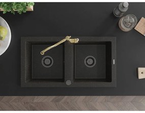 Mexen Mario, granitový drez 820x436x161 mm, 2-komorový a drezová batéria Carla, čierna-zlatá metalíza, 6504-75-670700-50-B