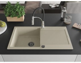Mexen Leo, granitový drez 900x500x190 mm, 1-komorový a drezová batéria Aster, béžová, 6501-69-73450-07-B