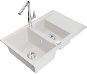 Mexen Gaspar, 1,5-komorový granitový drez 737x475x177 mm a drezová batéria Flora, biela, 6507-20-670401-00