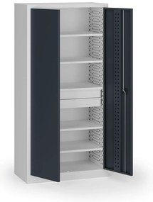 Policová dielenská skriňa 2-dverová, 5 políc + 2 zásuvky, 1950 × 950 × 500 mm, grafitové dvere