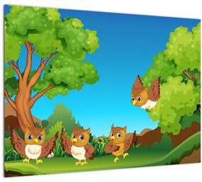 Sklenený obraz - Veselé sovičky (70x50 cm)