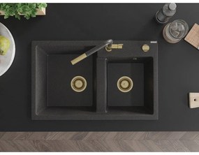 Mexen Tomas, 2-komorový granitový drez 800x500x190 mm a drezová batéria Flora, čierna škvrnitá, 6516-76-670401-75-G