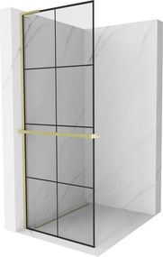 Mexen Kioto+ L, sprchová zástena Walk-In s poličkou a vešiakom 90 x 200 cm, 8mm číre sklo čierny vzor, zlatý matný profil, 800-090-123-55-77