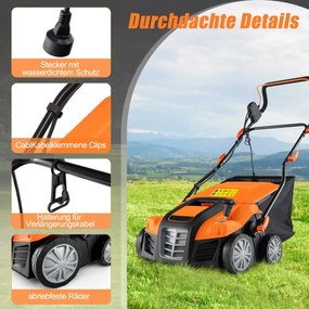 41 cm Elektrický vertikutátor a prevzdušňovač trávnika 15A 2 v 1 s 3-polohovým nastavením výšky zelený Barva: Oranžová