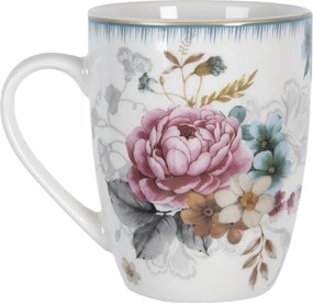 Veľký porcelánový hrnček s motívom kvetín a vtáčika Pivoine - 12 * 8 * 10 cm / 0,36 l