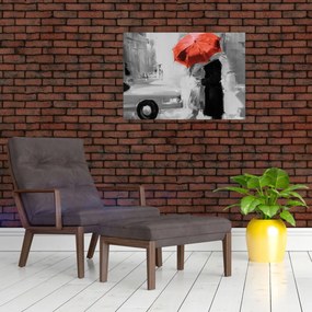 Obraz - Zamilovaný pár pod dáždnikom, červený (70x50 cm)