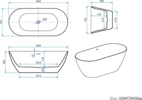 Erga Kaia, voľne stojaca vaňa 160x75 cm + odtoková zátka, biela lesklá, ERG-Kaia-160075-WH-WH
