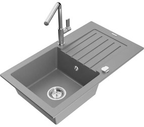 Mexen Pablo, 1-komorový granitový drez 752x436x161 mm a drezová batéria Flora, šedá, 6510-71-670401-00