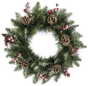 Vianočný veniec PREMIUM zasnežený so šiškou a jarabinou 40 cm
