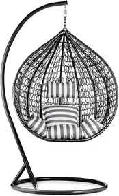 Čierne závesné kreslo KOKON so stojanom, bielo-sivý vankúš