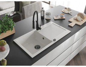 Mexen Leo, granitový drez 900x500x190 mm, 1-komorový a drezová batéria Aster, biela, 6501-20-73450-70-B