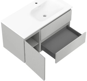 Mexen Rivel, kúpeľňová skrinka 90 cm s pravým umývadlom Vela, 2S, 1D, drážkovaná, sivá matná/biela matná - 91A23-09047-3-BBFFF62-W23P01
