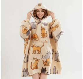 Baránková mikinová deka s rukávmi a kapucňou COLORED CATS krémová