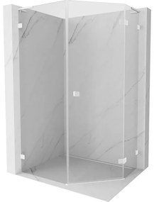 Mexen Lunar, L pravý výklopný päťuholníkový sprchový kút 90 x 100 cm, 8mm číre sklo, biely profil, 831L-090P-100L-20-00-P