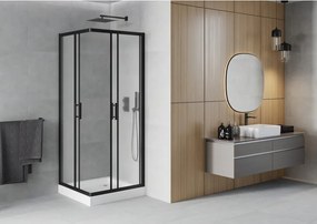Mexen Rio, štvorcový sprchovací kút s posuvnými dverami 70(dvere) x 70(dvere) x 190 cm, 6mm sklo námraza, čierny profil + biela sprchová vanička RIO, 860-070-070-70-30-4510