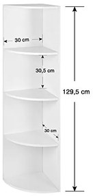Rohový regál, 4 police, 129,5x30x30cm, biely
