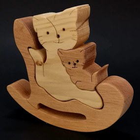 AMADEA Drevené puzzle hojdacia mačka, masívne drevo dvoch druhov drevín, 14 cm
